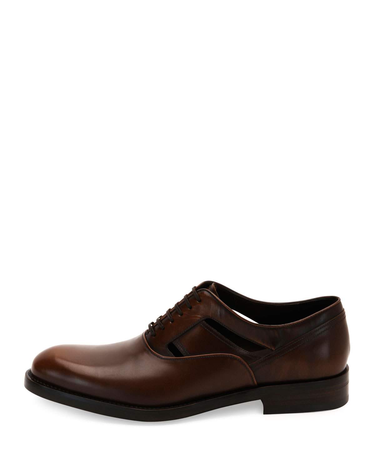 Fort Burnished Calfskin Lace-Up Oxford with Side Cutouts, Brown