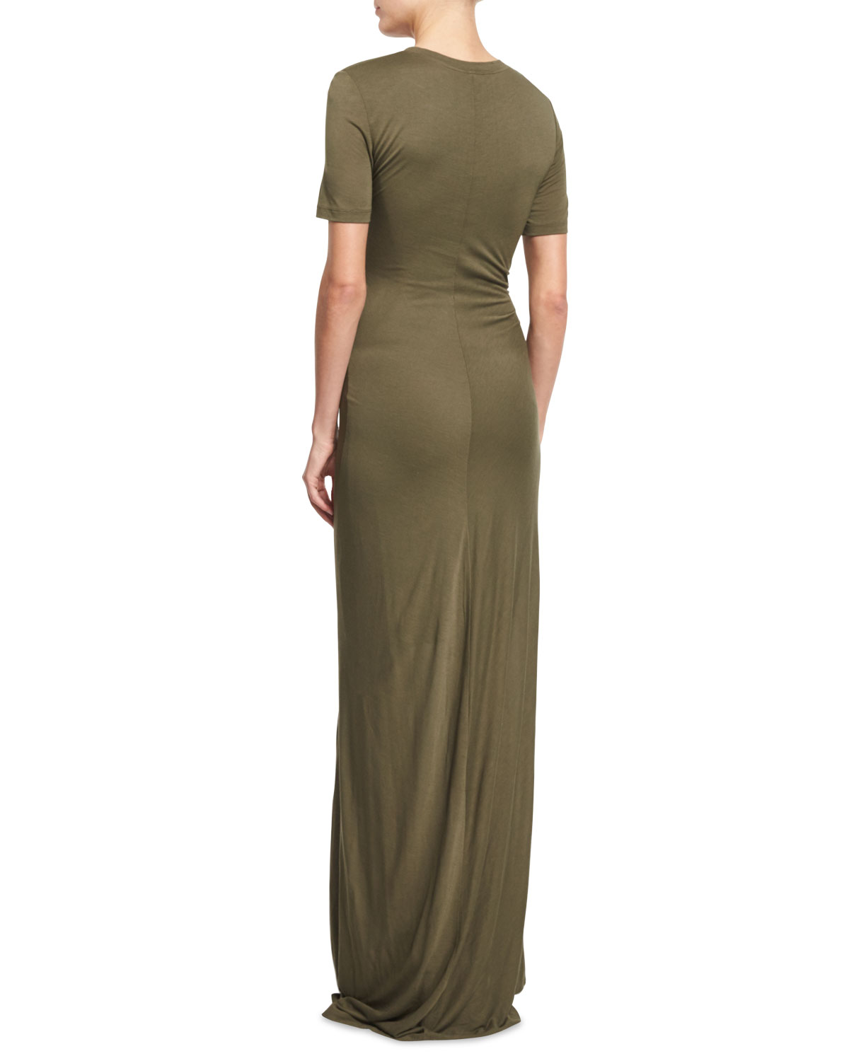 Laila Short-Sleeve Ruched Maxi Dress, Army