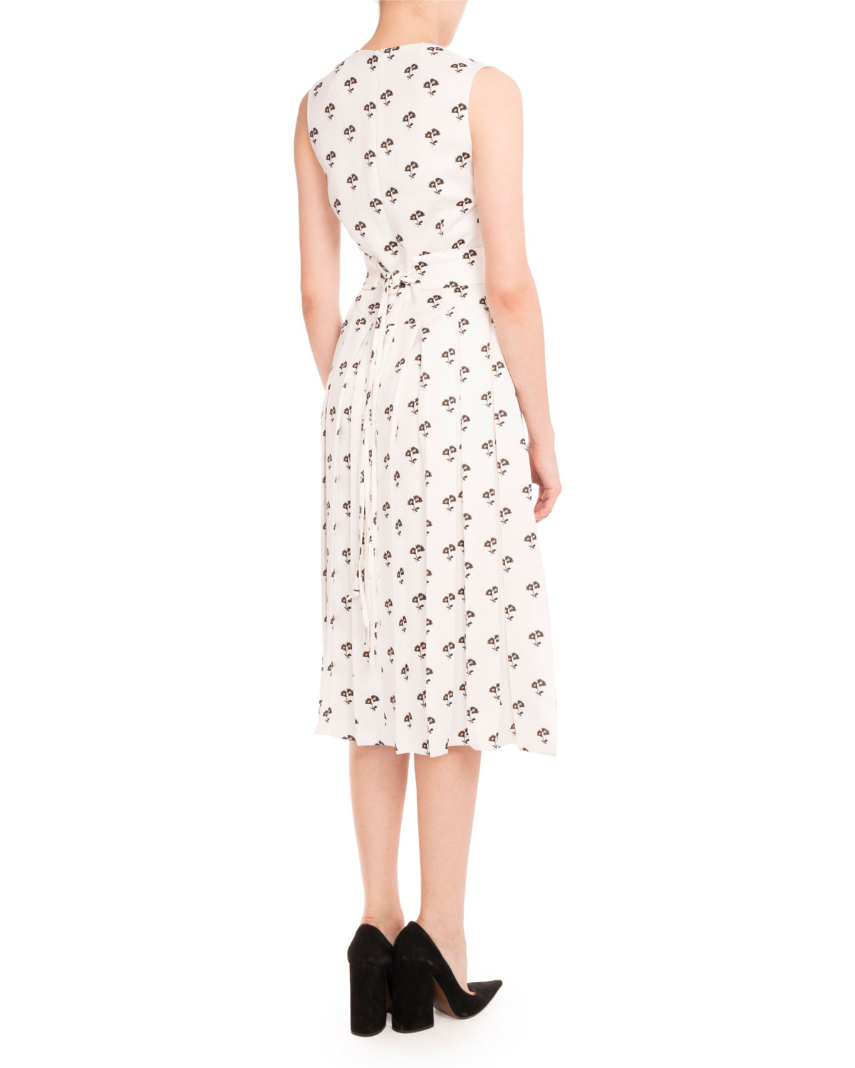 Sleeveless Pleated Daisy-Print Midi Dress, Multi