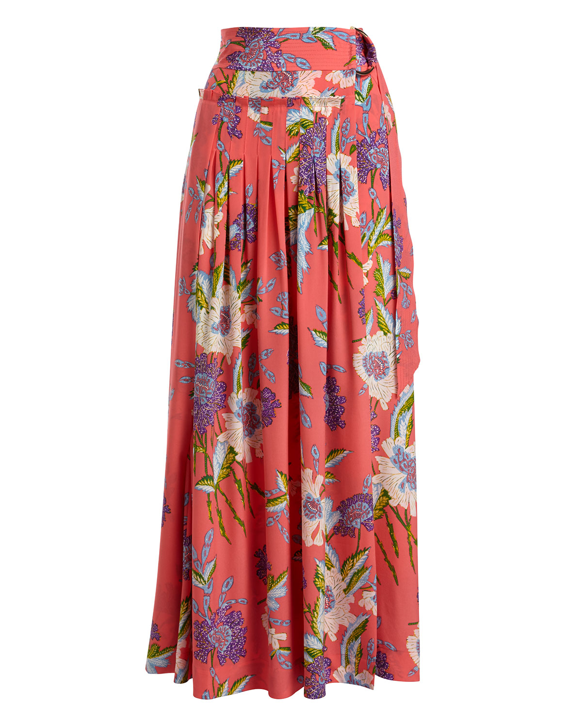 Floral-Print D-Ring Silk Midi Skirt, Pink