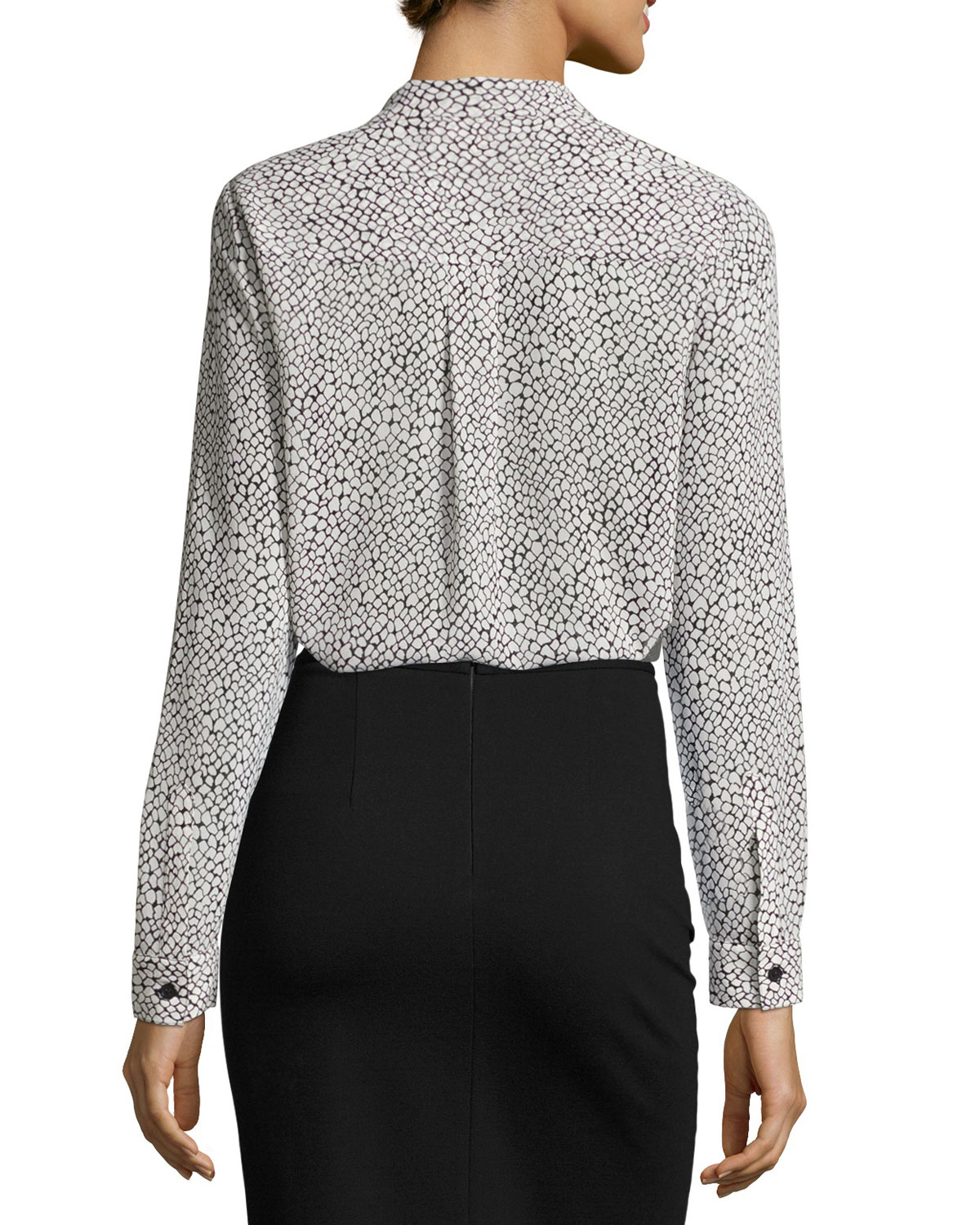 Tie-Neck Graphic Scale-Print Silk Blouse, Cream