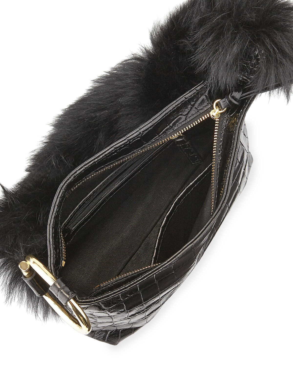 Finley Crocodile-Embossed Fur Shoulder Bag, Black