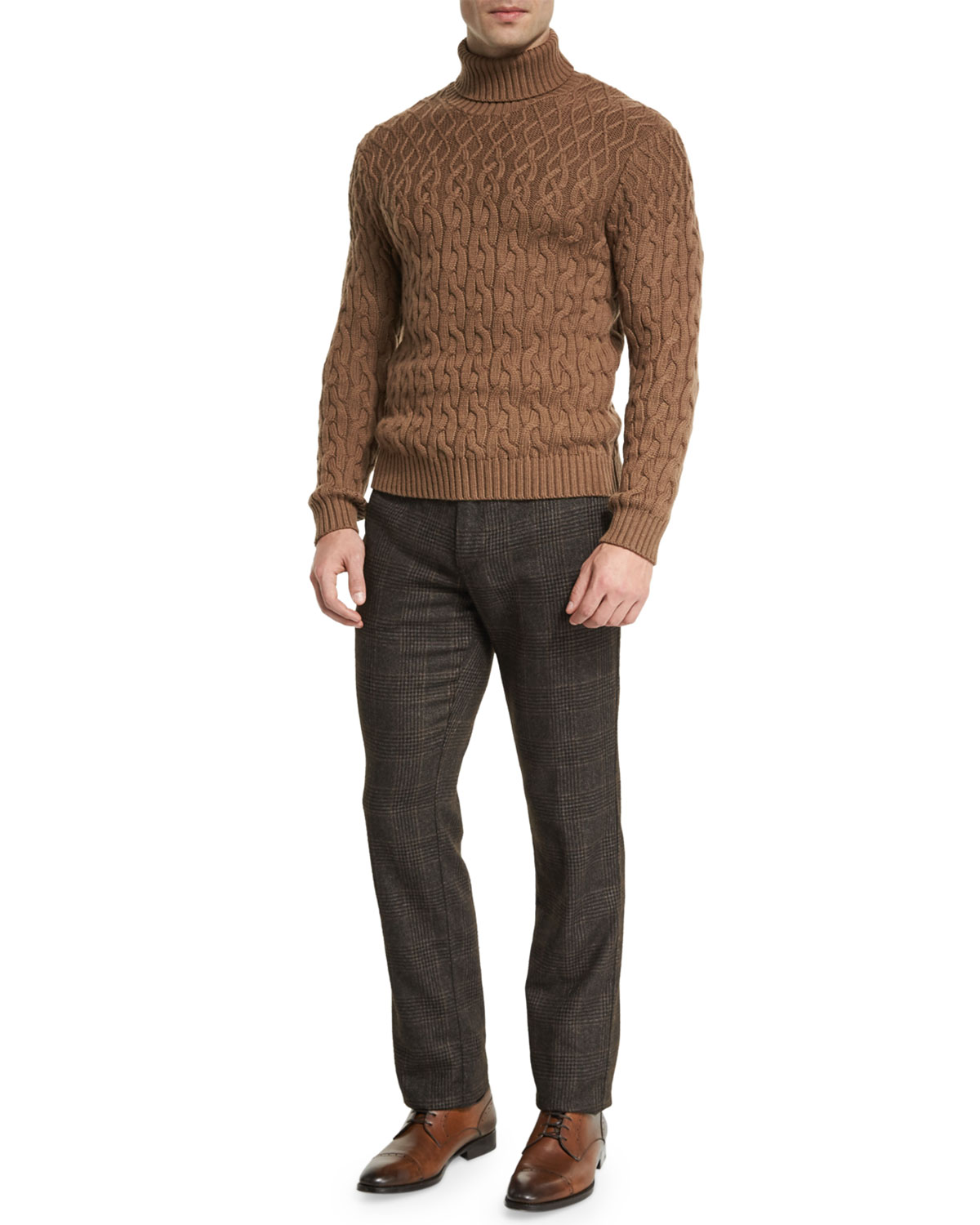 Plaid Wool-Blend Flat-Front Trousers, Gray Multi