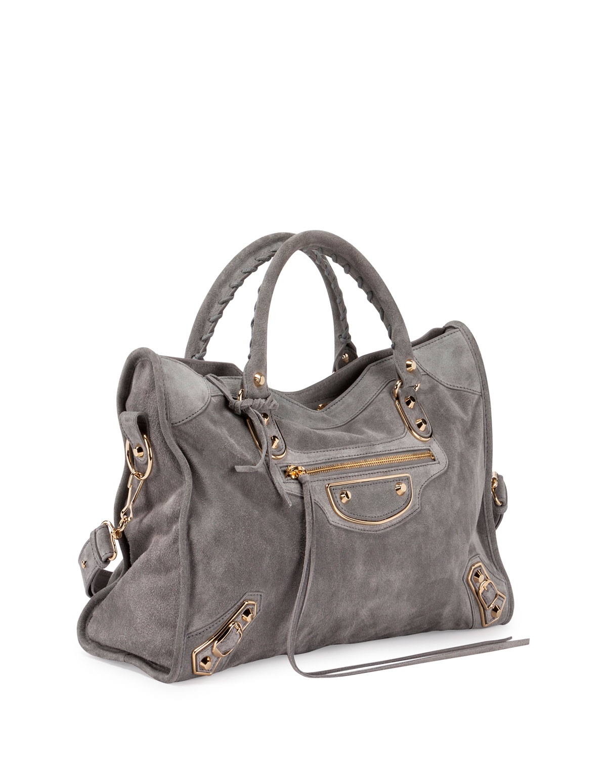 Metallic Edge Suede City Bag, Gray