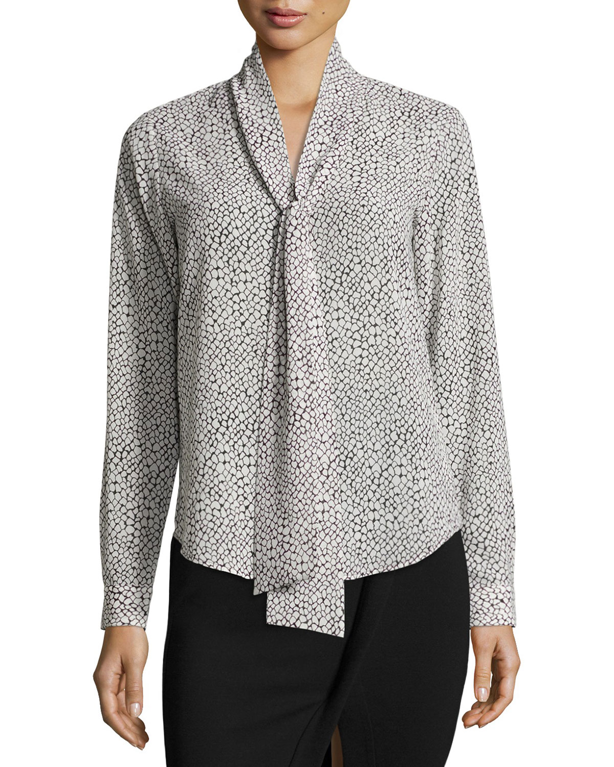 Tie-Neck Graphic Scale-Print Silk Blouse, Cream