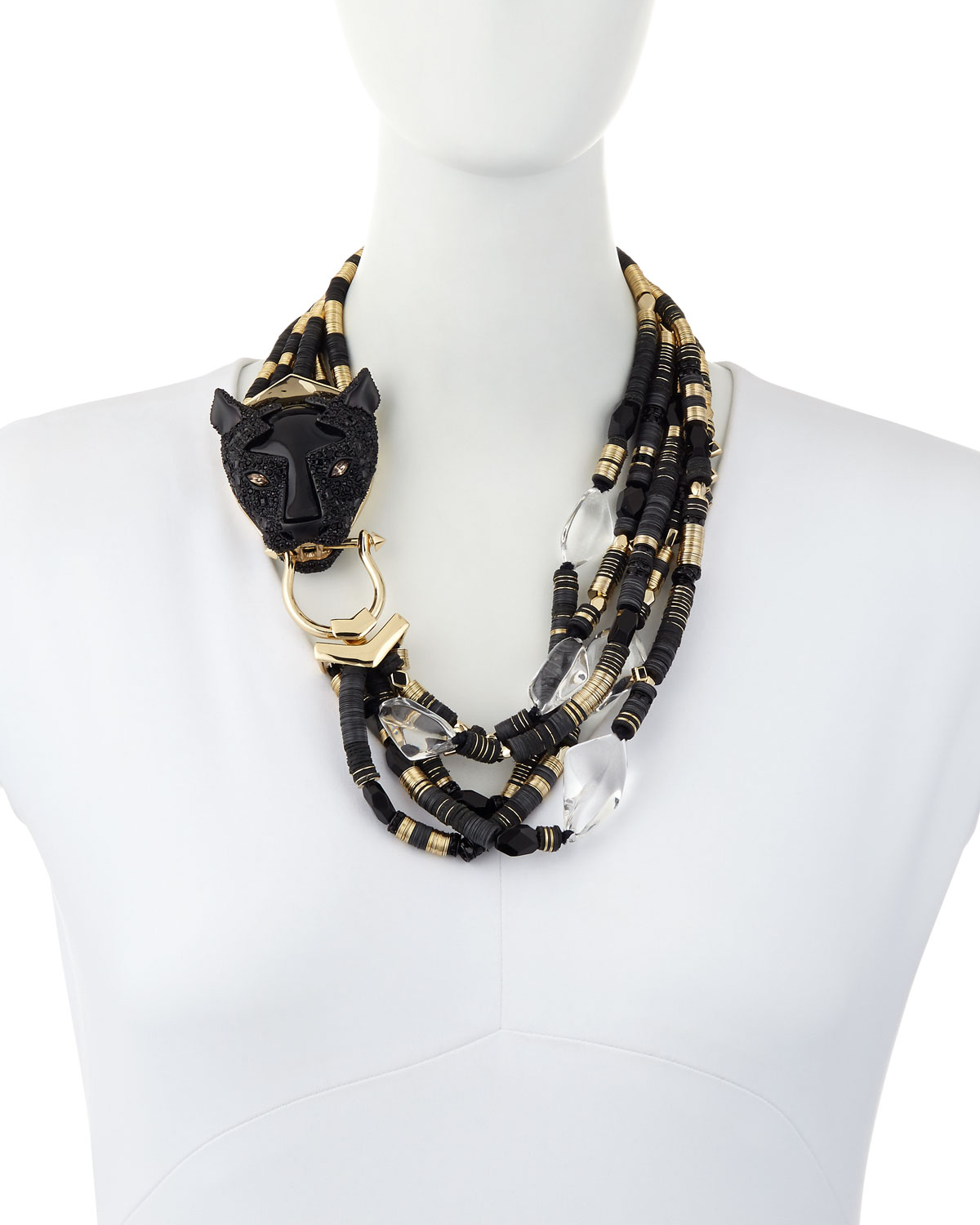 Beaded Multi-Strand Panther Necklace, Black