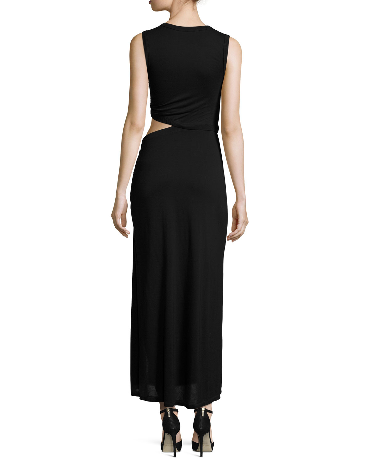 Jaxon Sleeveless Ruched Cutout Maxi Dress, Black