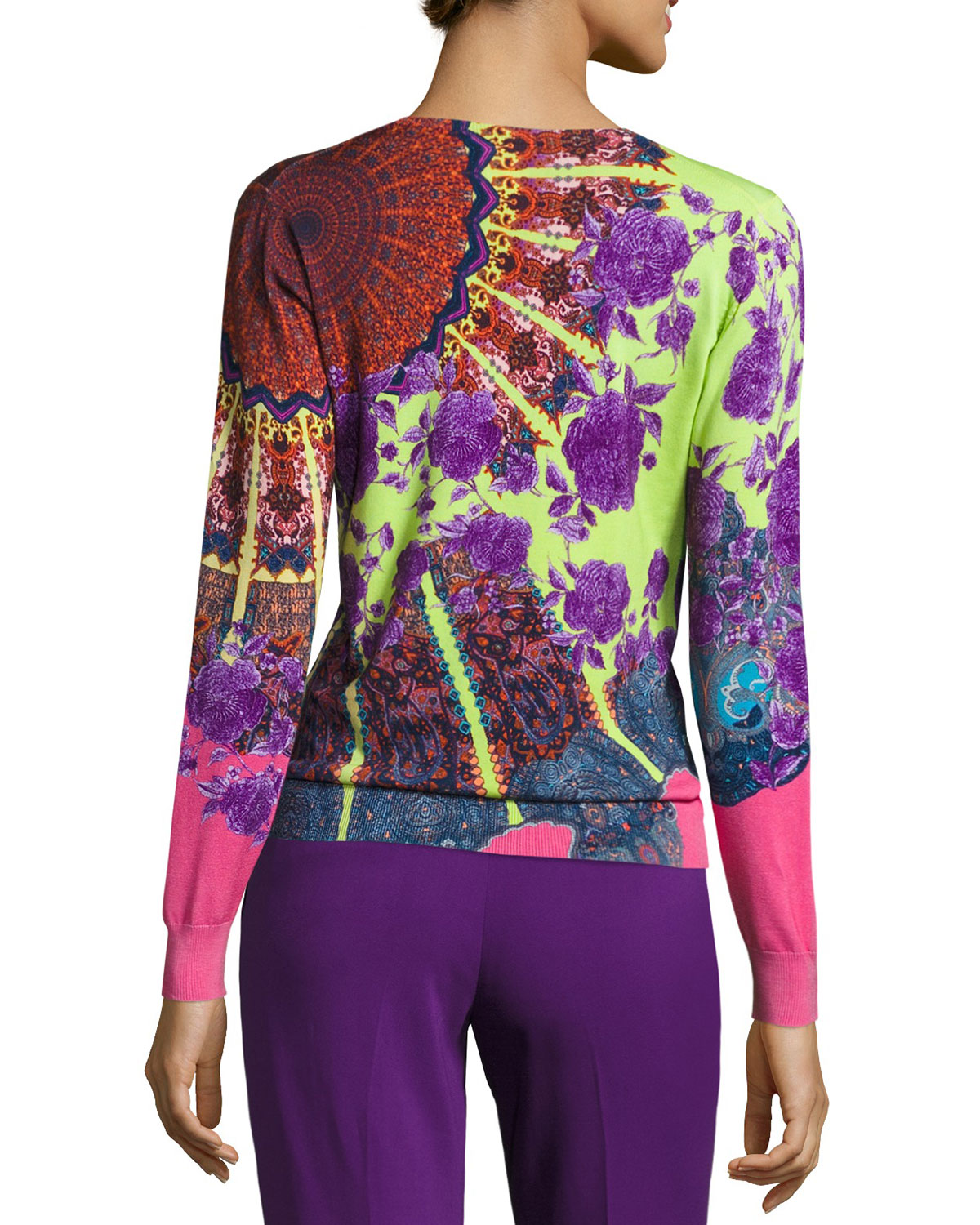 Stampa Paisley V-Neck Sweater, Lime/Purple