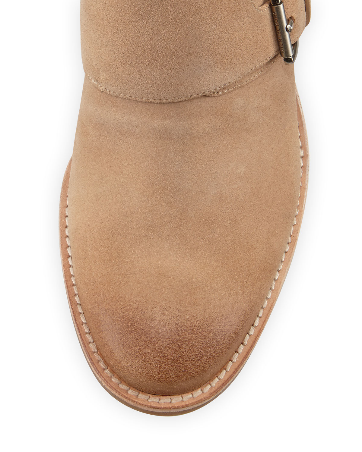 Adams Double-Monk Flat Suede Bootie, Dark Khaki