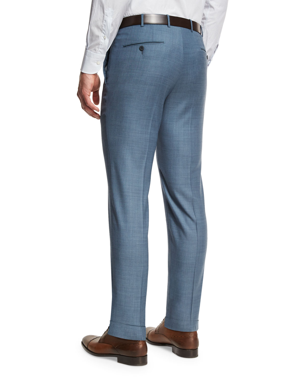 Sharkskin Wool Flat-Front Trousers, Light Blue