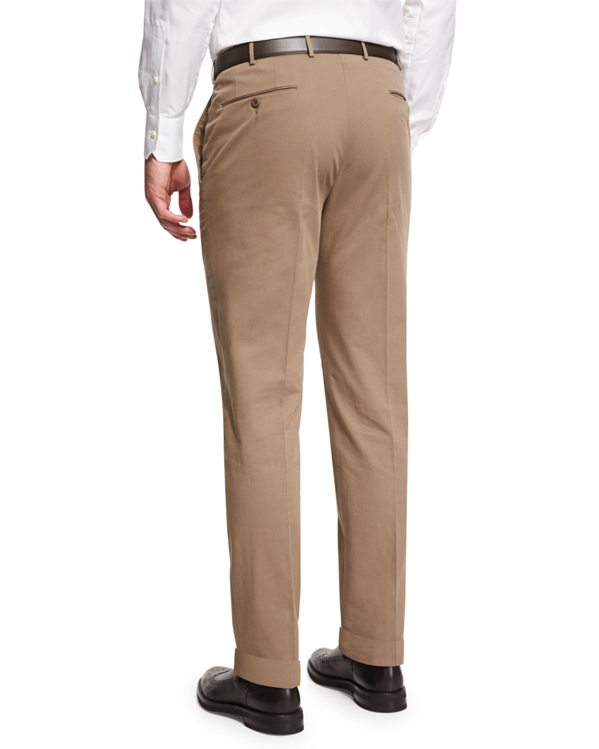 Cotton-Blend Flat-Front Trousers, Khaki