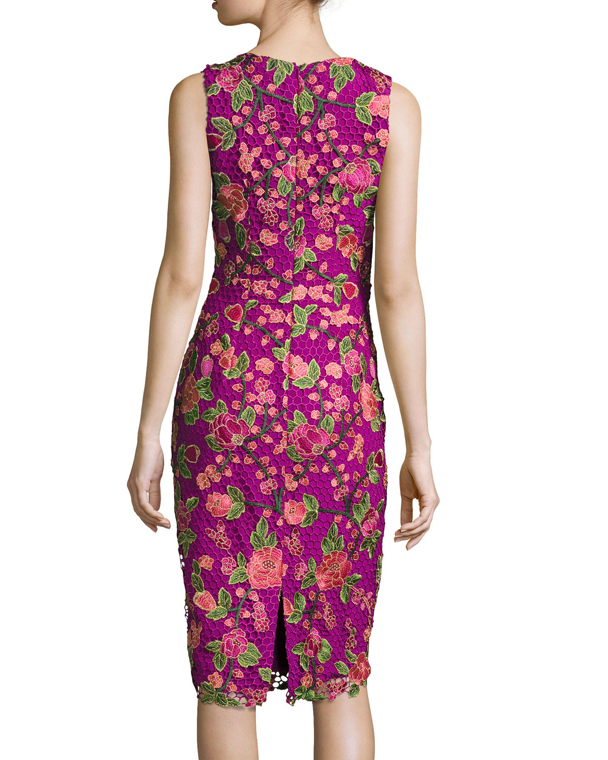 Sleeveless Floral Mesh Sheath Dress, Fuchsia