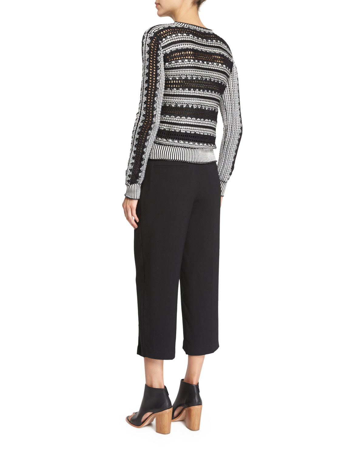 Long-Sleeve Crochet-Striped Sweater, Black/White