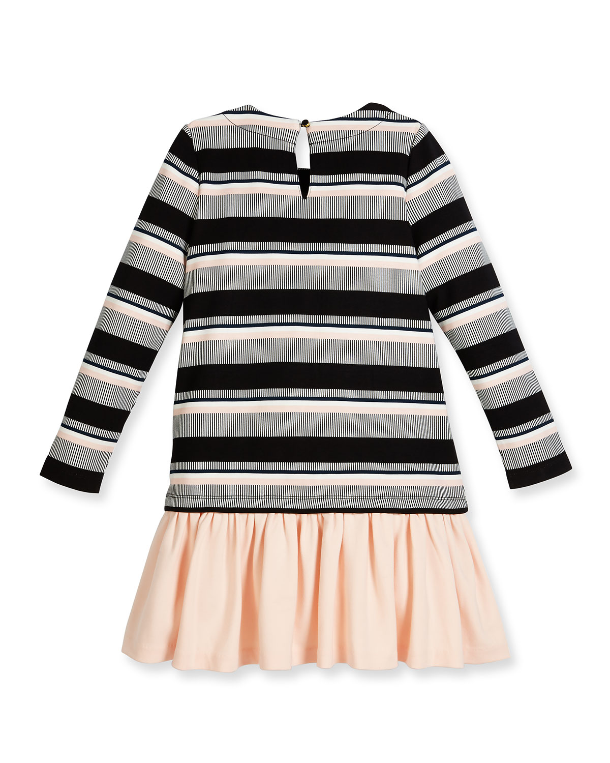 long-sleeve striped flounce dress, black/white, size 7-14