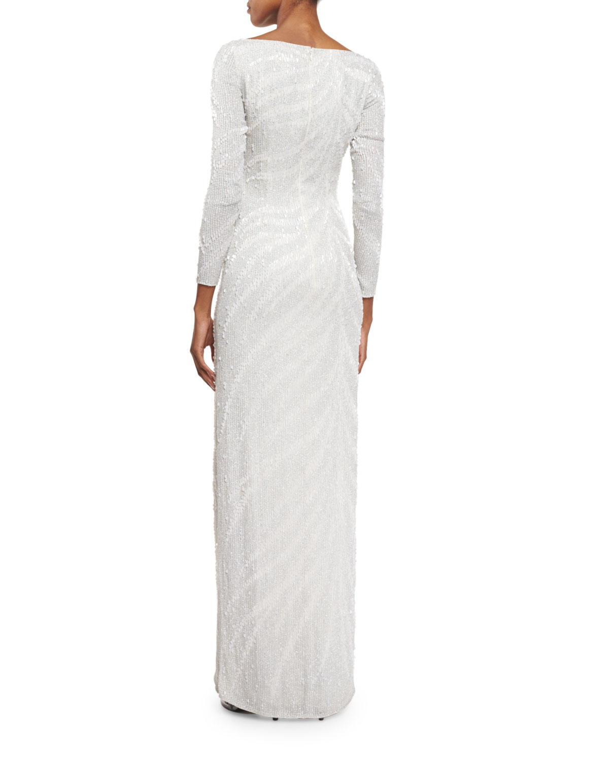 Zebra-Beaded Long-Sleeve Slit Gown, Ivory