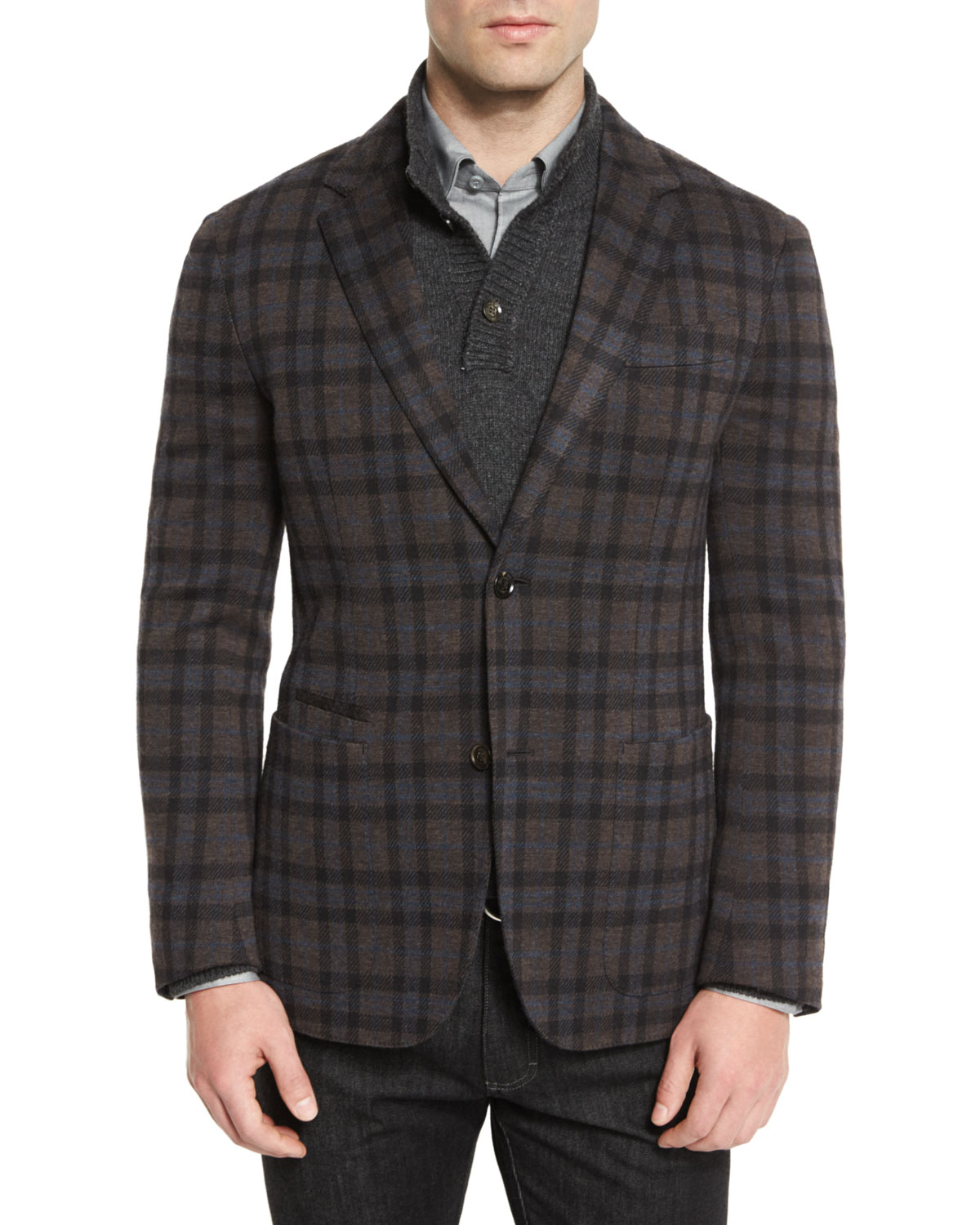 Wool Plaid Blazer, Blue Pattern