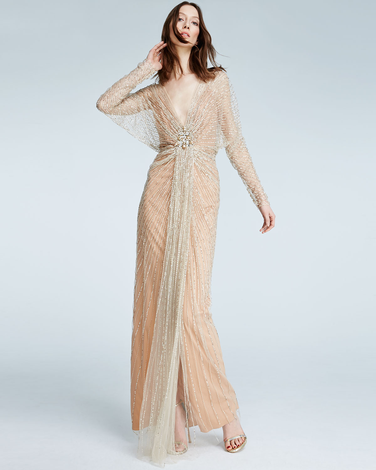 Long-Sleeve Embellished-Overlay Gown, Illusion