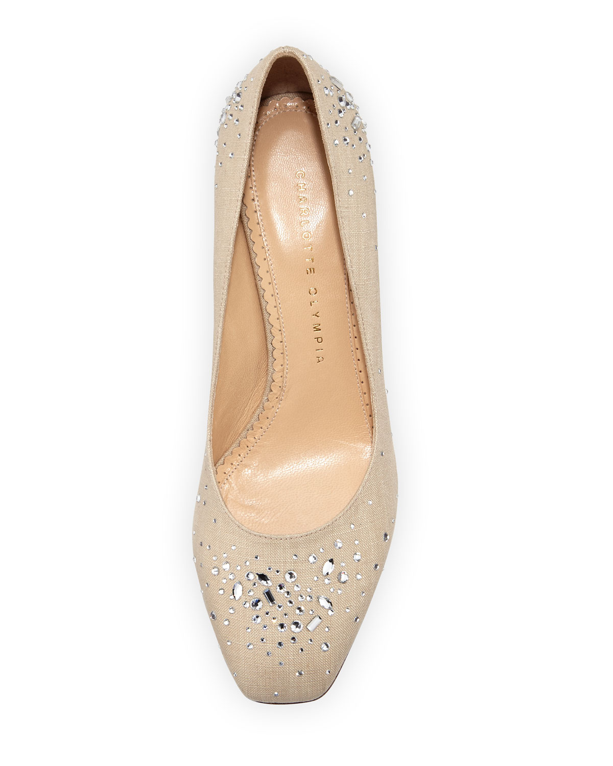 Low-Heel Jeweled Linen Pump, Natural
