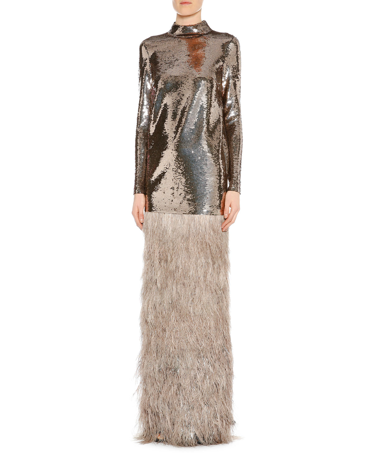 Feather-Embellished Column Maxi Skirt, Slate/Beige