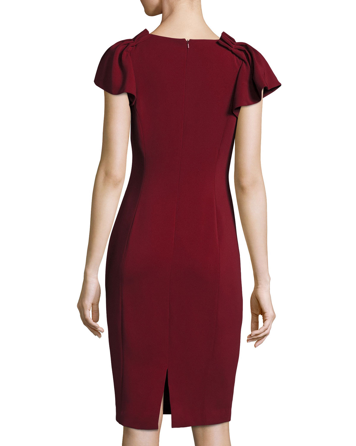 Cap-Sleeve Stretch Crepe Sheath Dress, Bordeaux