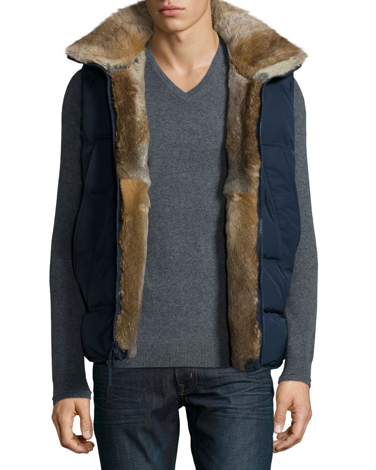 Rabbit Fur-Lined Vest, Navy