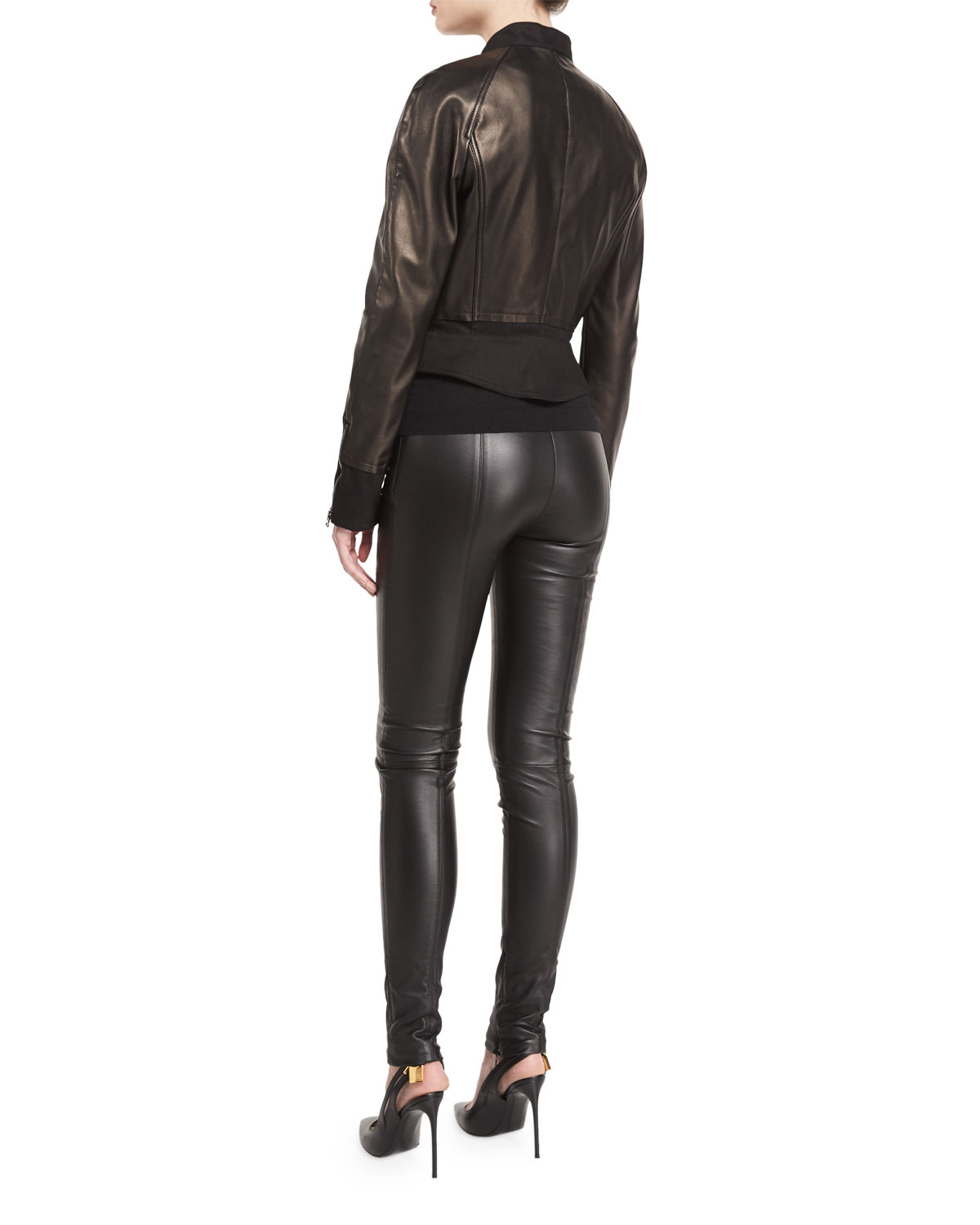 Yoke-Waist Leather Leggings, Black