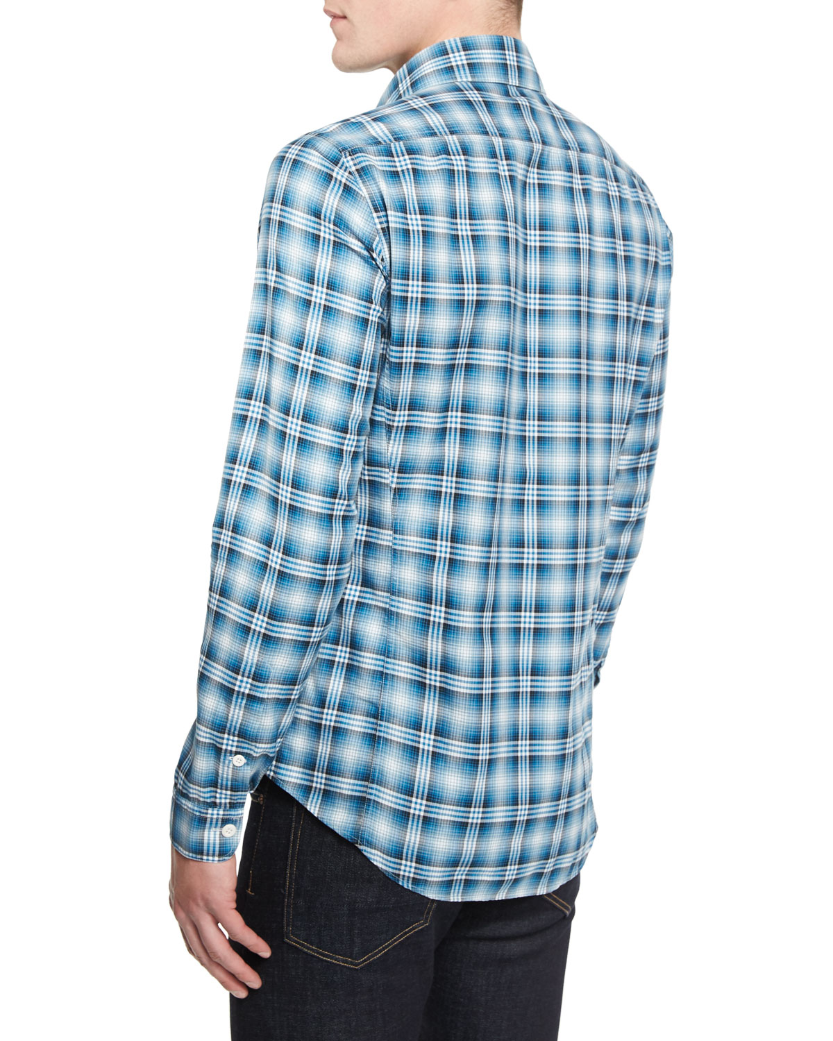 Washed Large-Plaid Twill Sport Shirt, Aqua