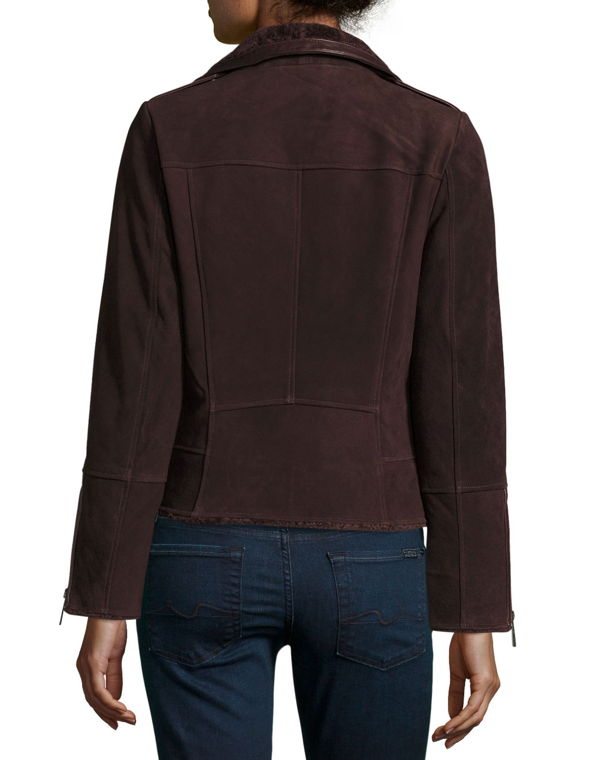 Suede Moto Jacket w/ Shearling Collar, Bordeaux