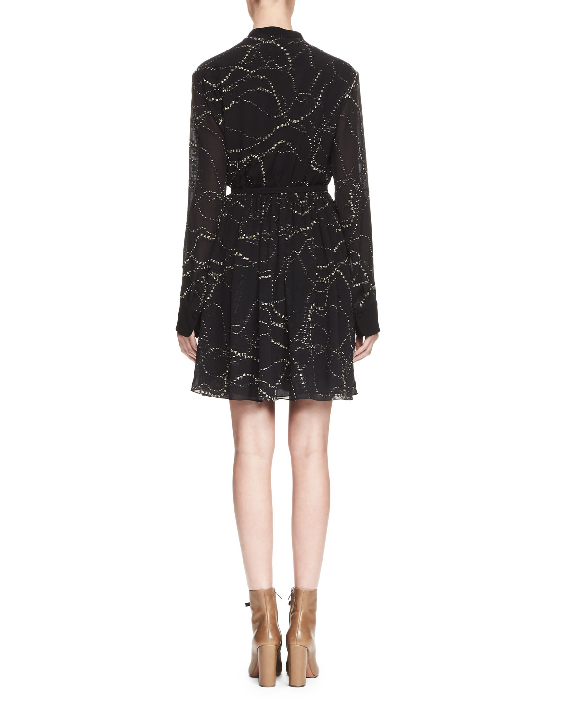 Embroidered Pintucked Long-Sleeve Dress, Black