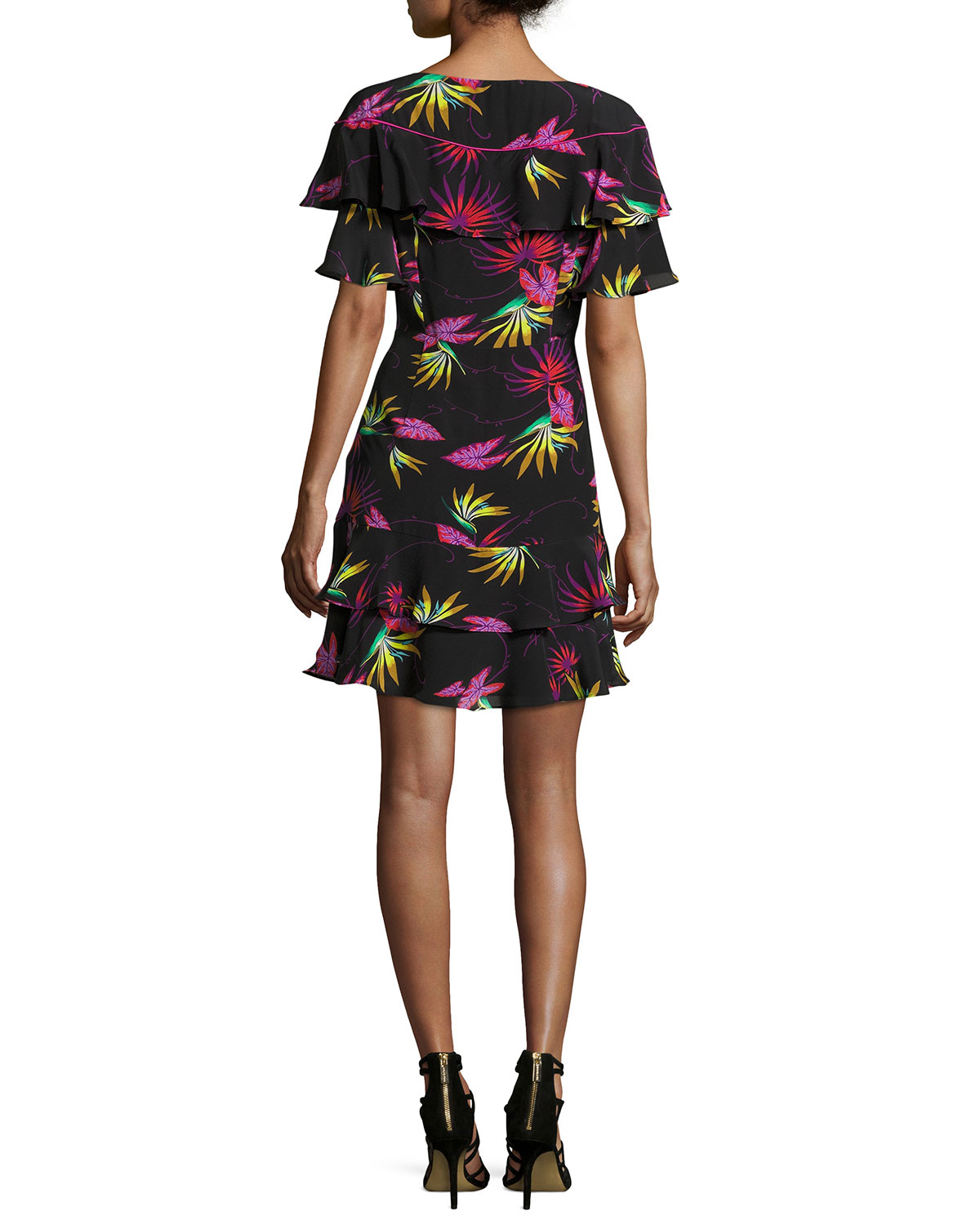 Jungle-Print Ruffled Dress, Black