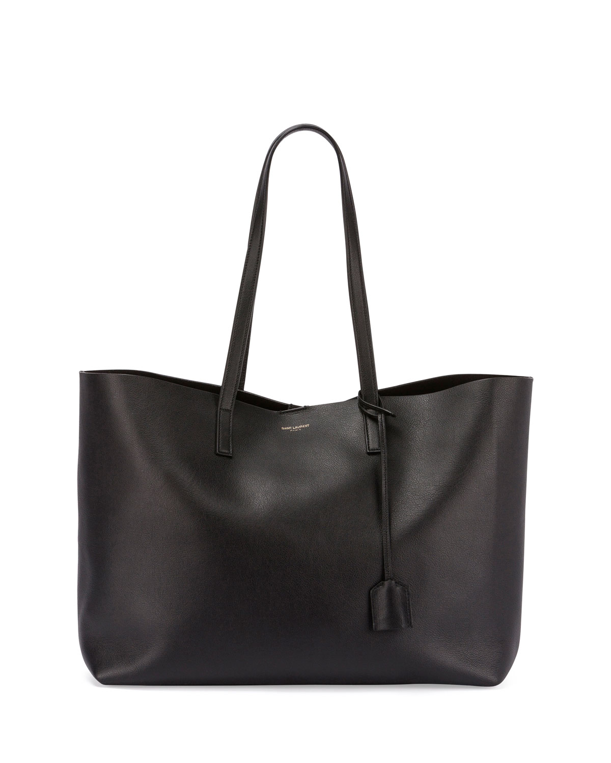Large East-West Leather Shopper Bag, Black
