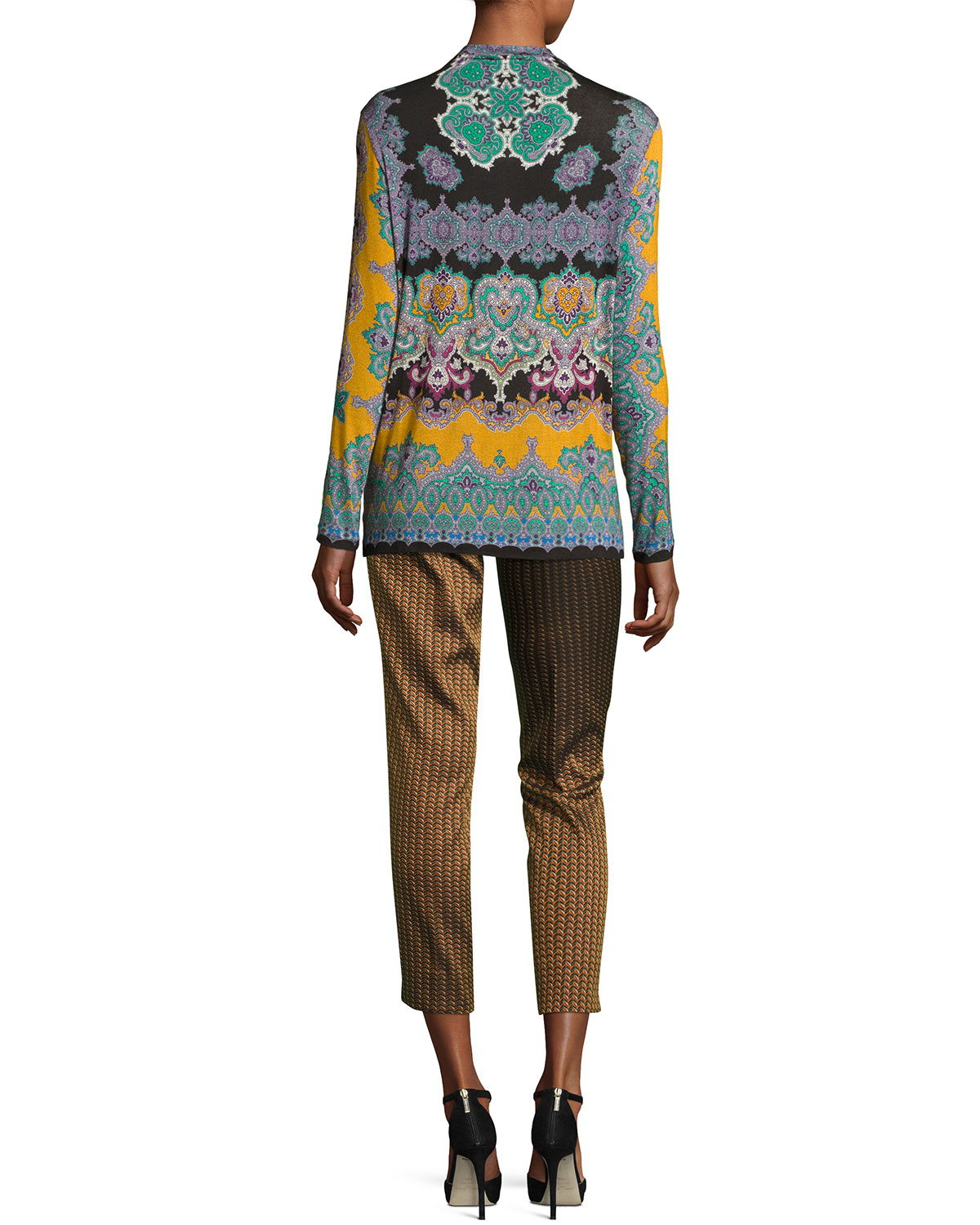 Paisley V-Neck Long-Sleeve Tee, Green/Gold