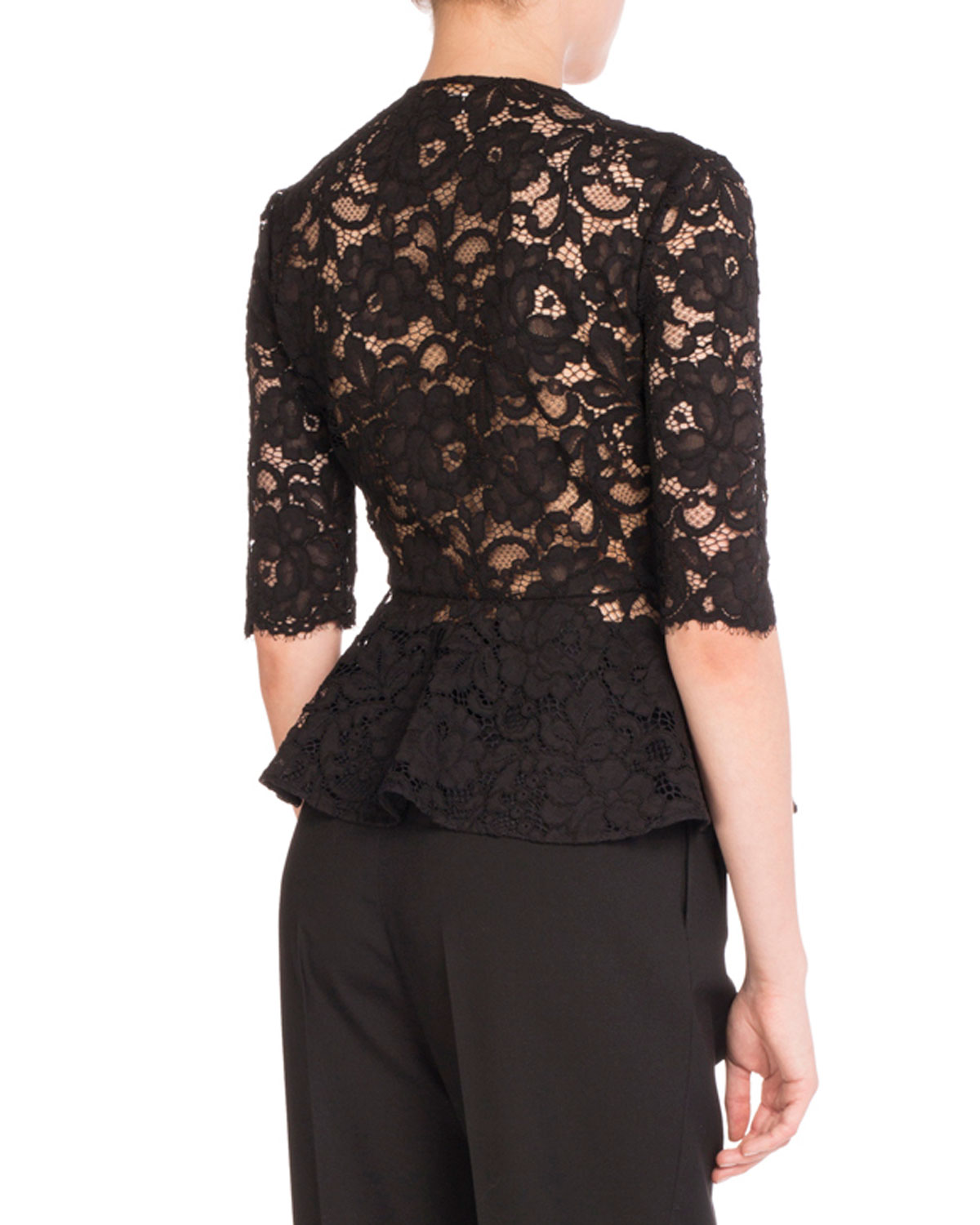 Lace Bow V-Neck Peplum Top, Black