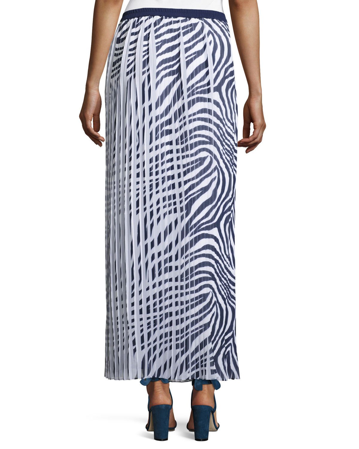 Animal-Print Pleated Maxi Skirt w/ Slit, Navy