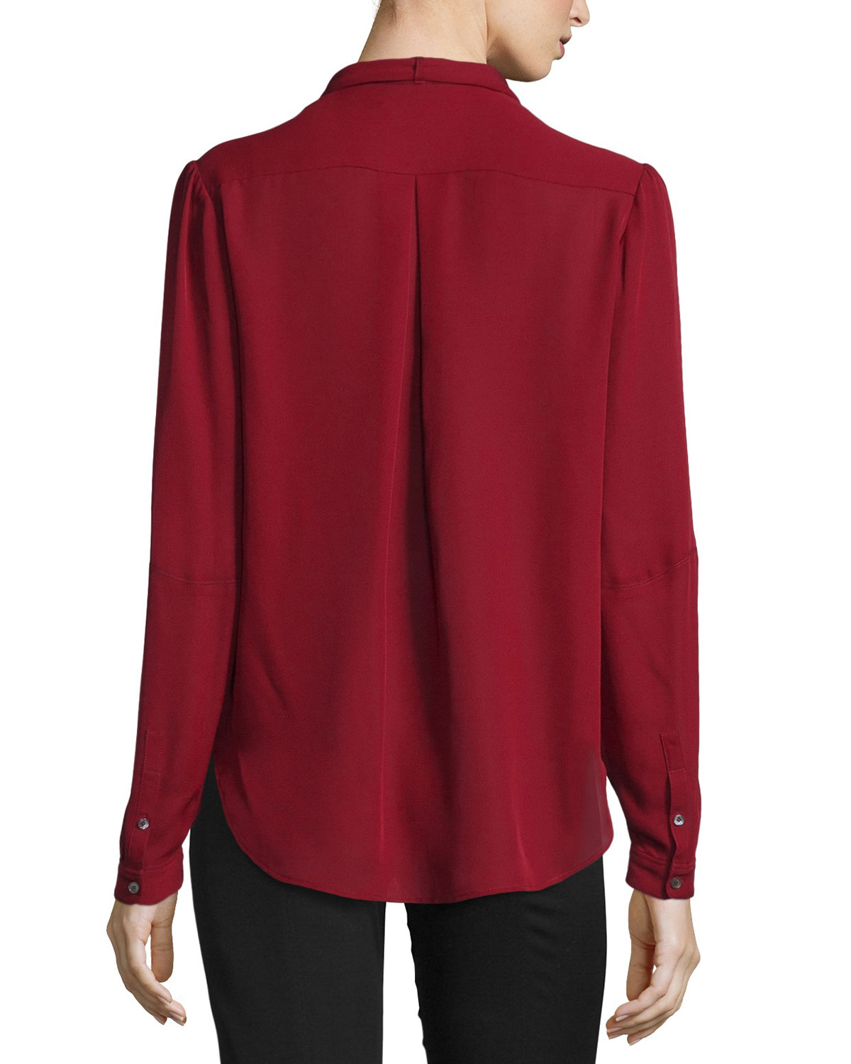 Embroidered-Sleeve Tie-Neck Blouse, Vermillion