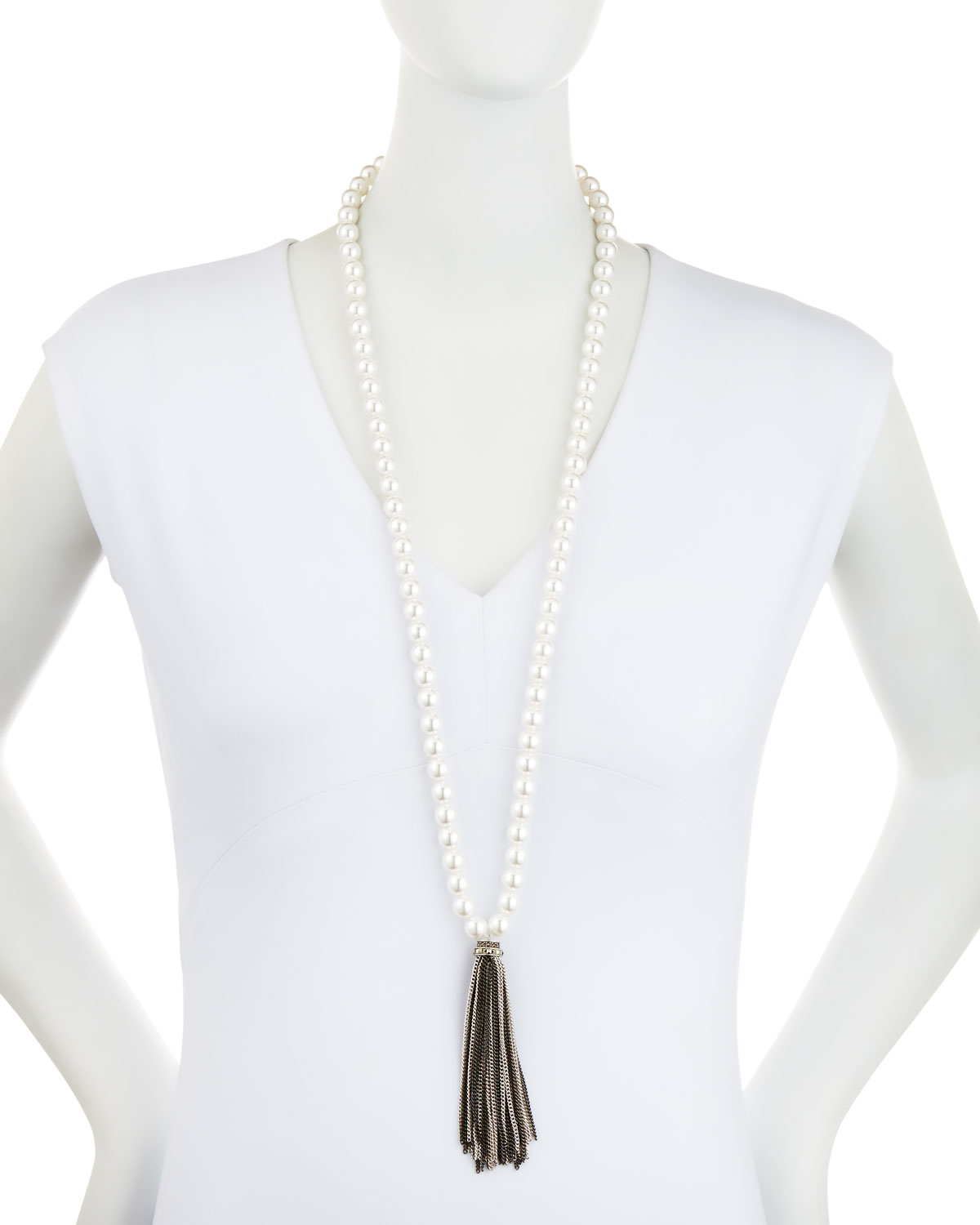 Long Pearly Tassel Drop Necklace