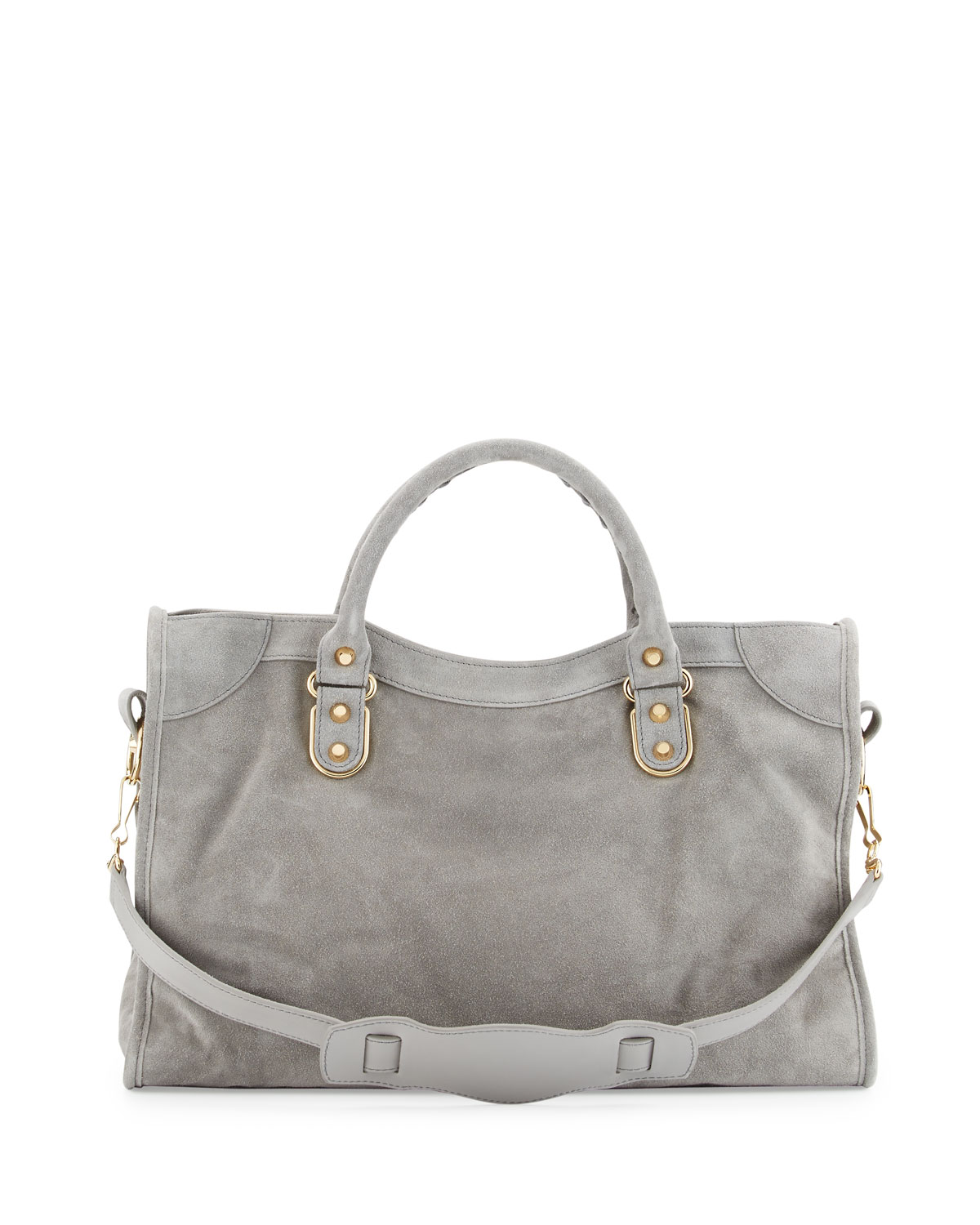 Metallic Edge Suede City Bag, Gray