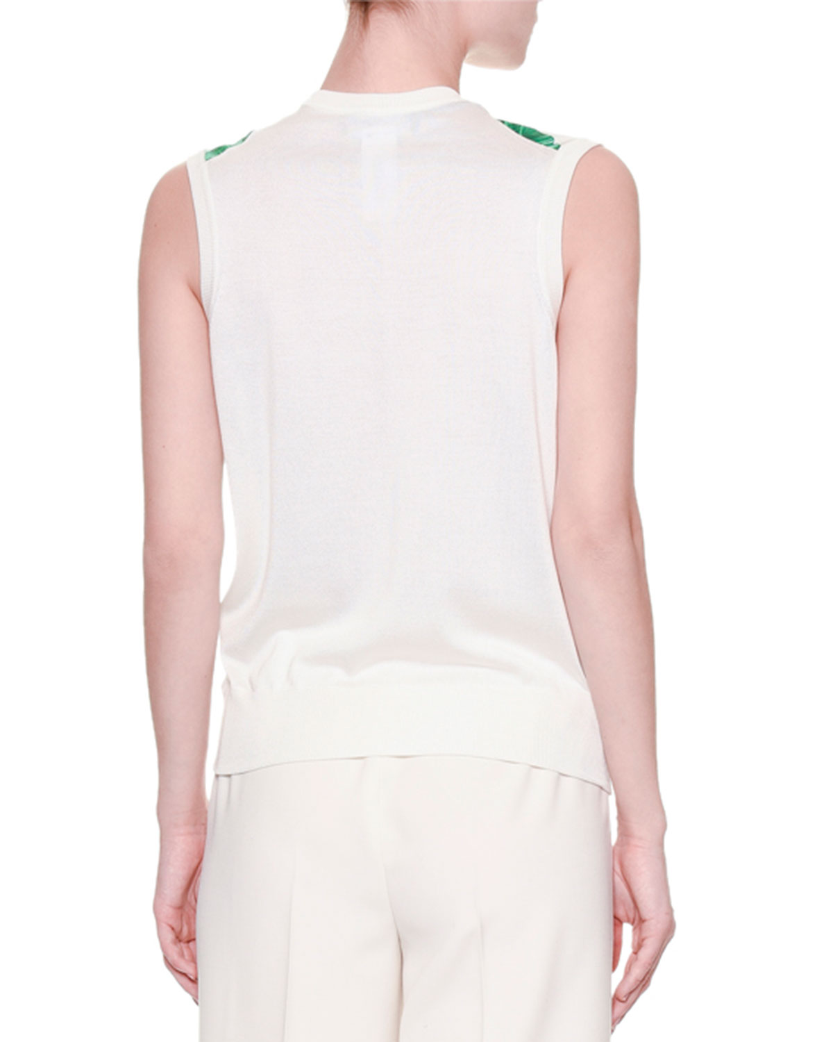 Jewel-Neck Banana Leaf-Print Shell, White/Green