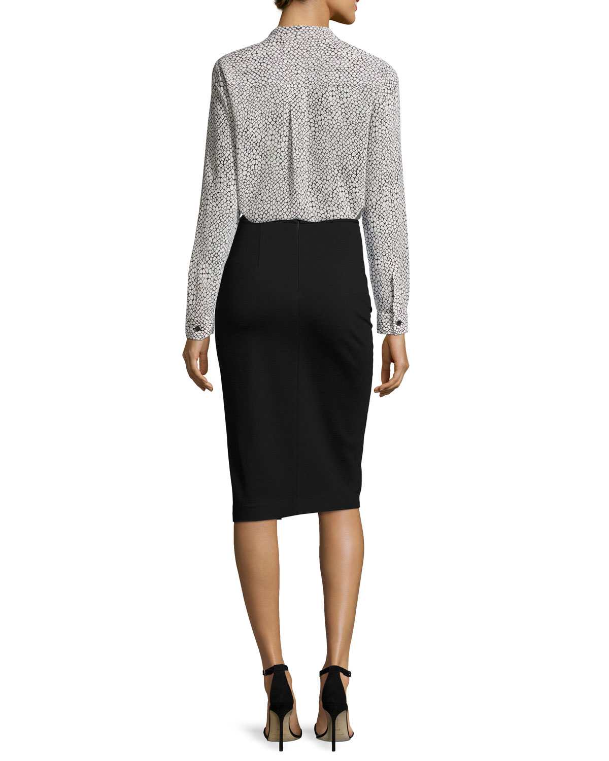 Tie-Neck Graphic Scale-Print Silk Blouse, Cream