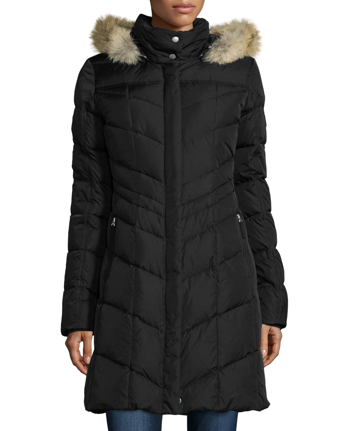 Hooded Chevron Puffer Coat, Black