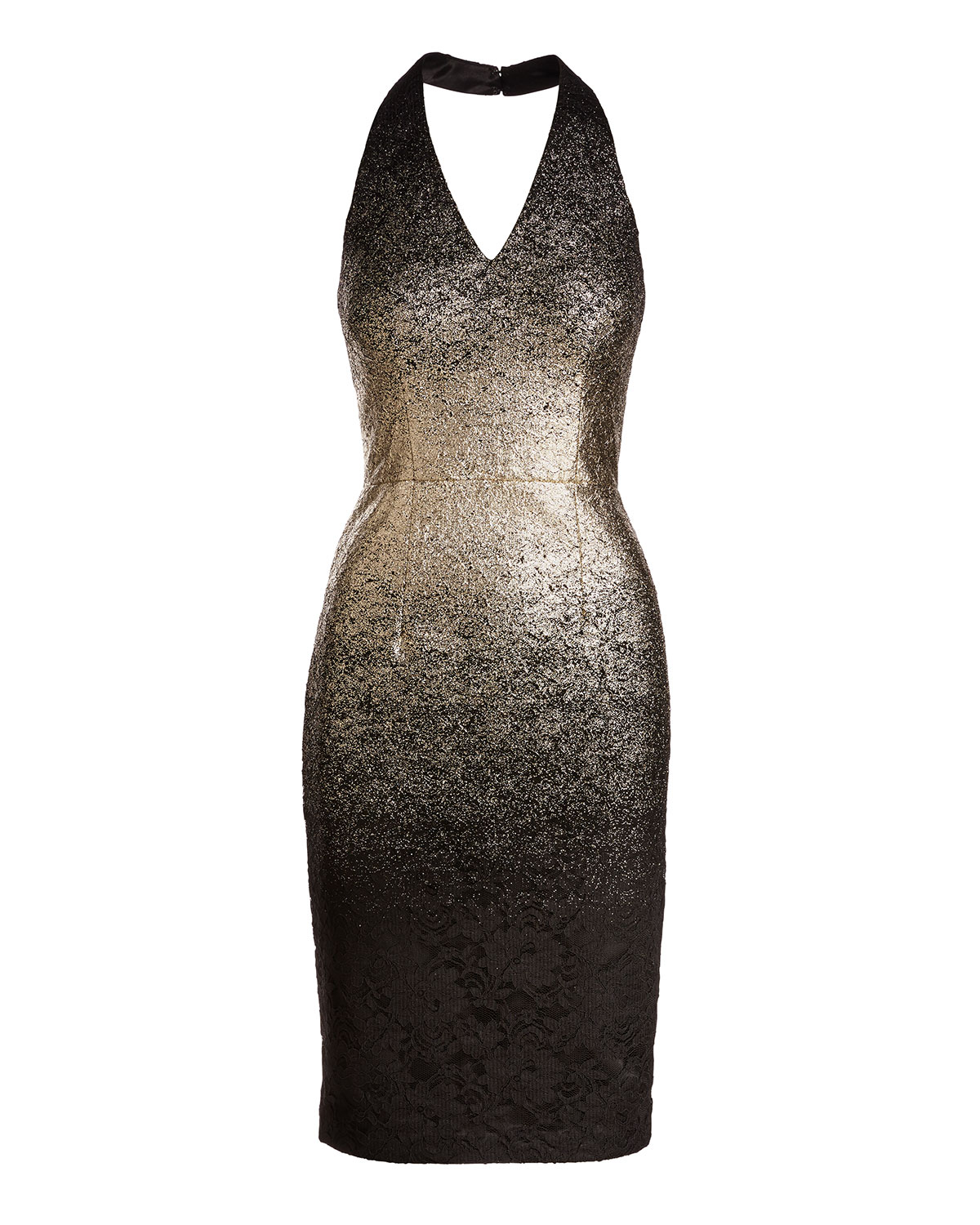Ombre Foil Halter Cocktail Dress, Silver/Black