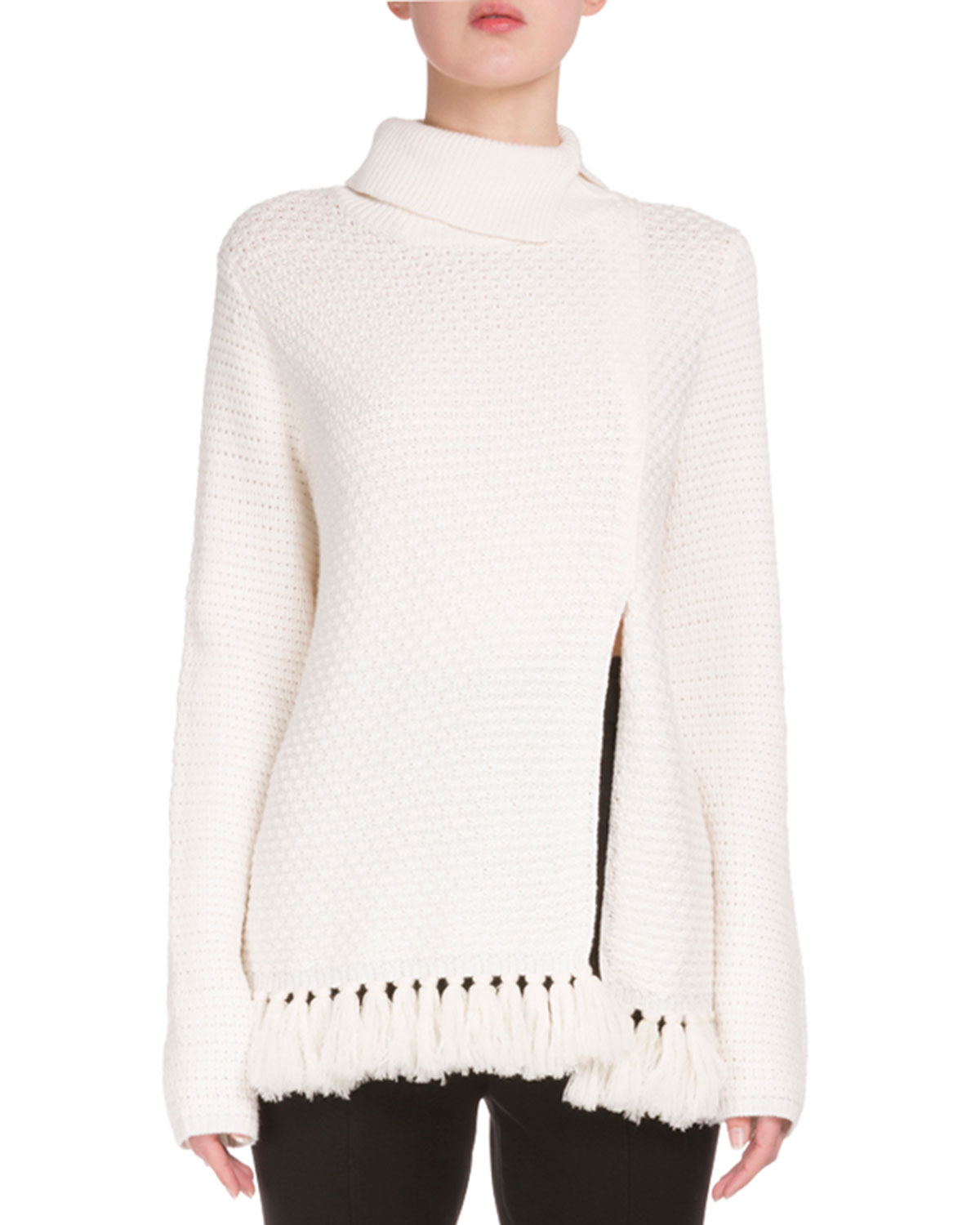 Front-Slit Fringe-Hem Sweater, Off White
