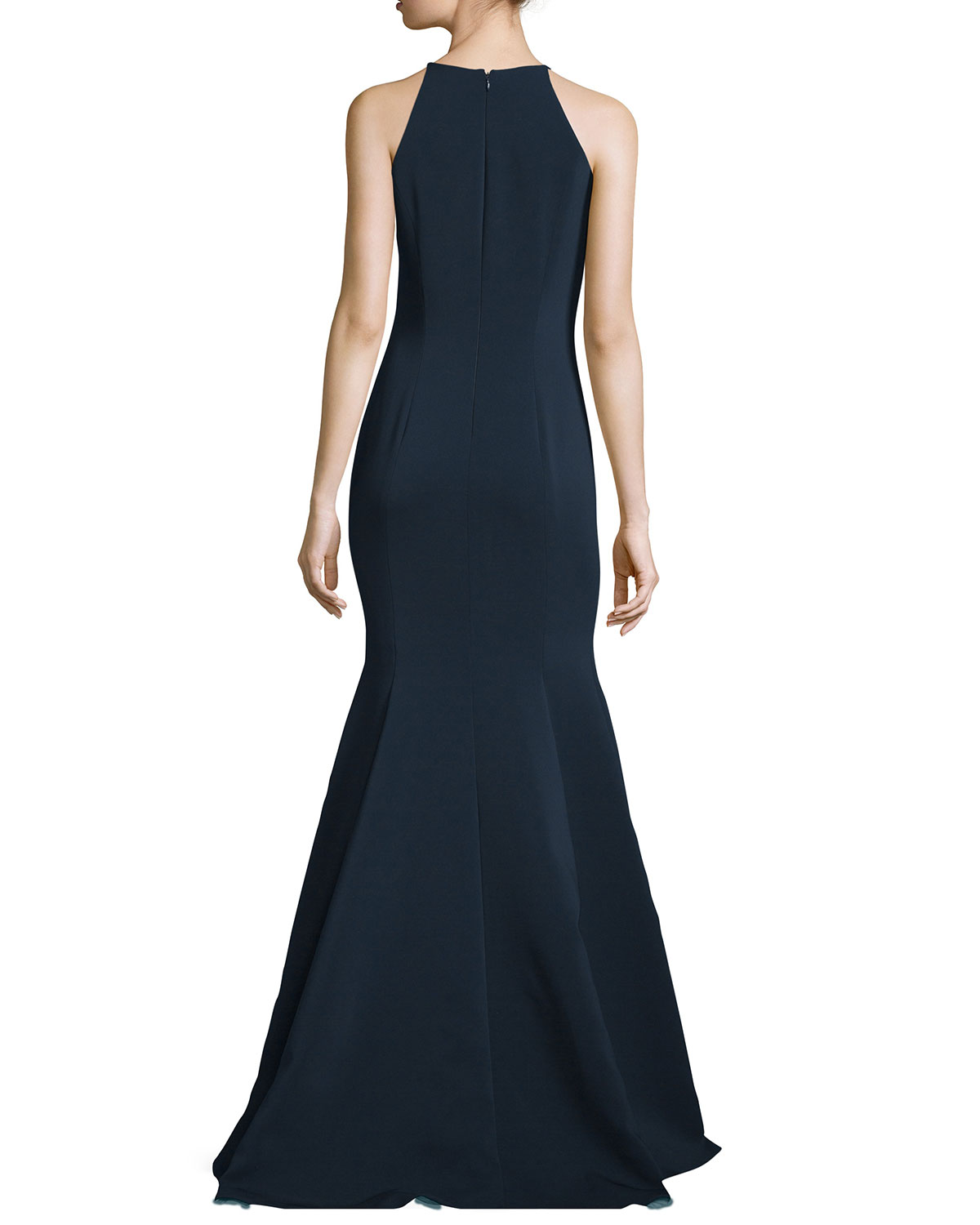 Embroidered Jewel-Neck High-Low Gown, Navy/Multi