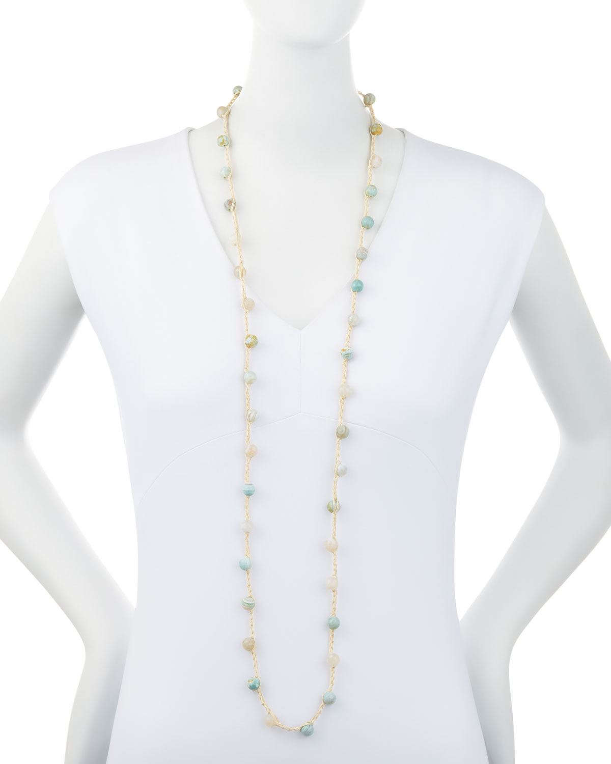 Striped Turquoise Agate Crocheted Necklace, 44"