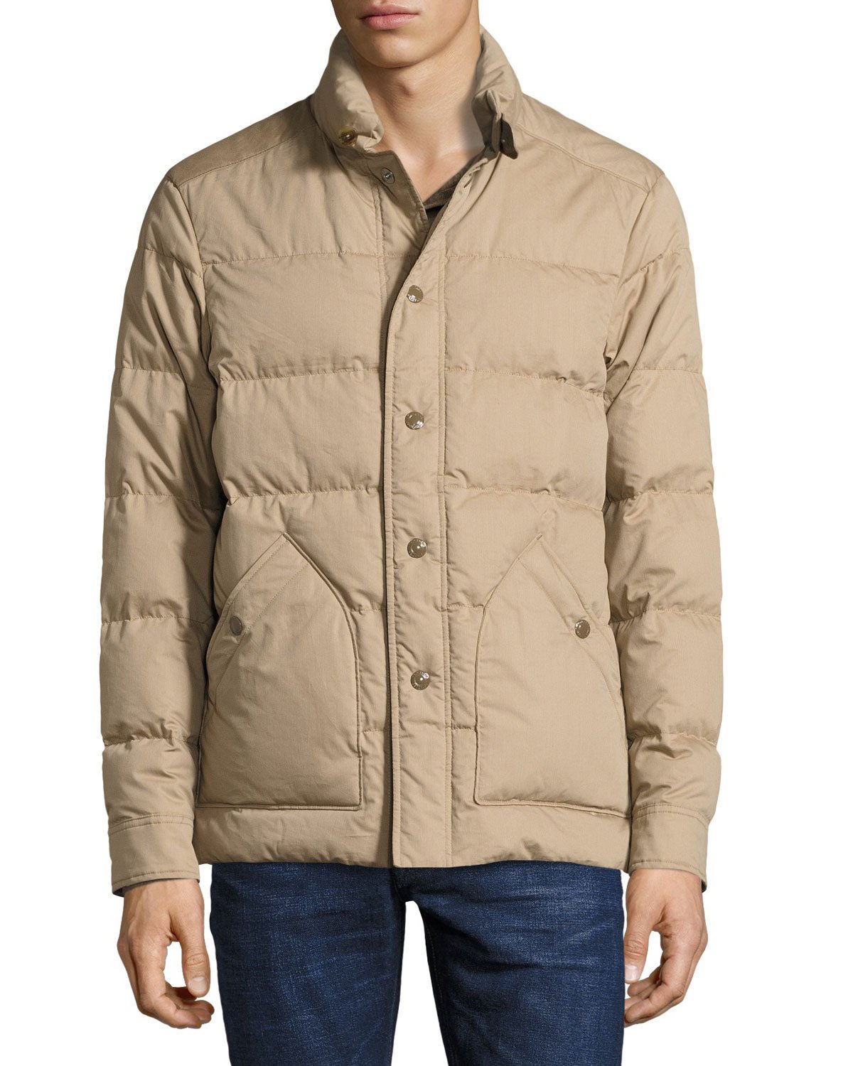 Snap-Front Quilted Puffer Jacket, Tan