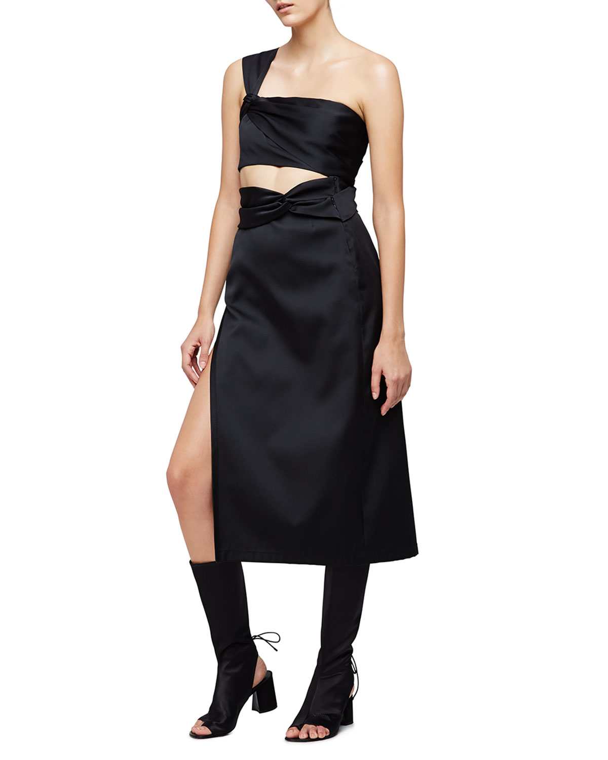 Satin Knotted Tea-Length Skirt, Black