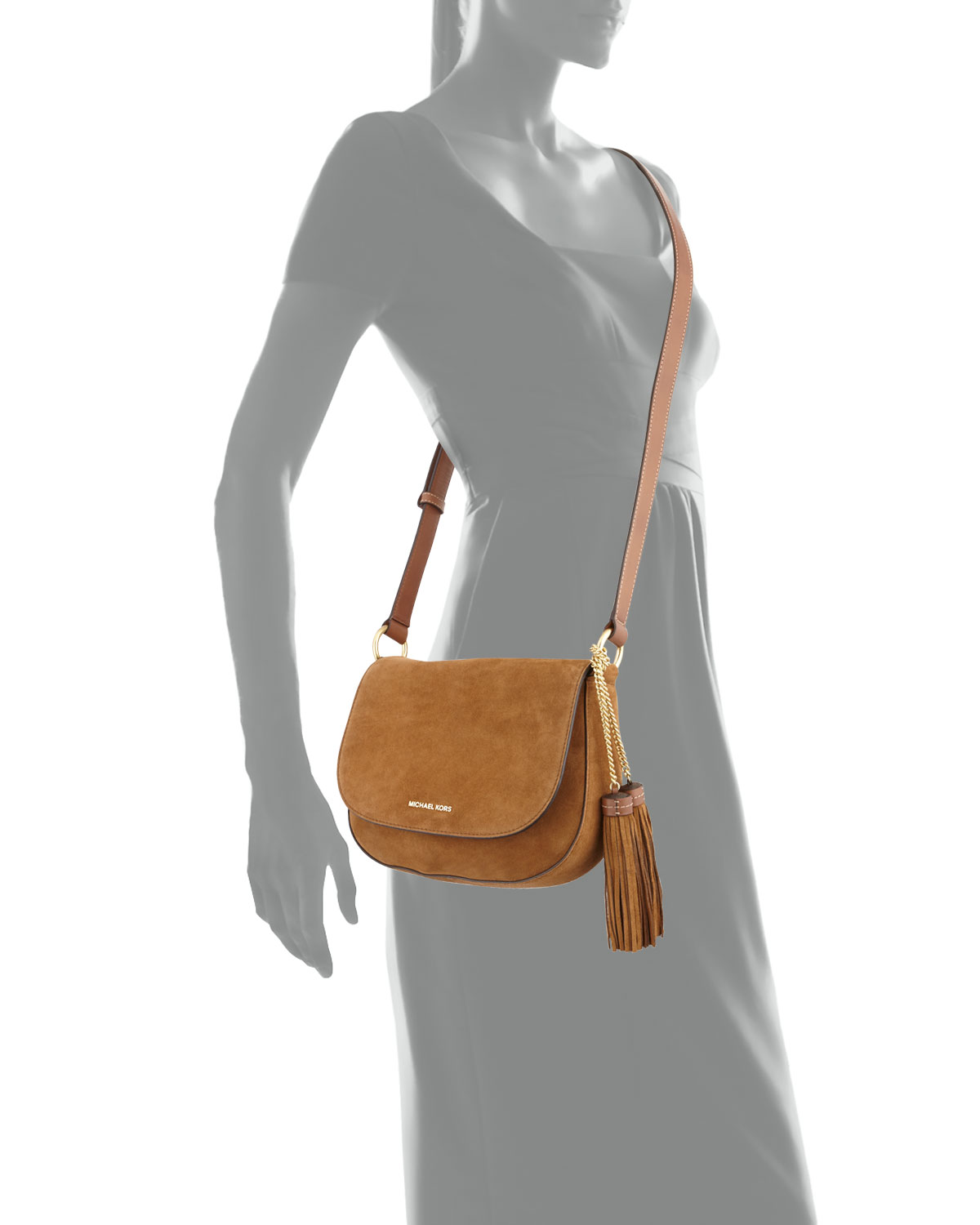 Elyse Large Suede Saddle Bag, Dark Caramel 