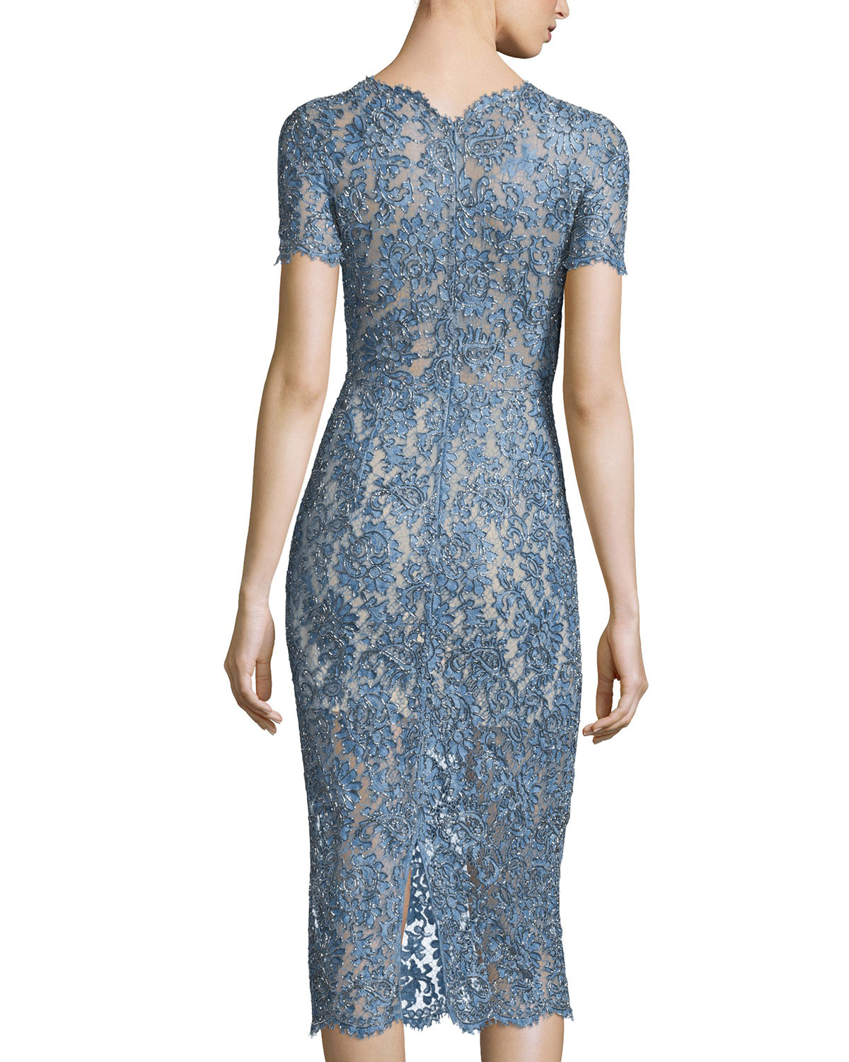 Short-Sleeve Lace Midi Cocktail Dress, Denim Blue