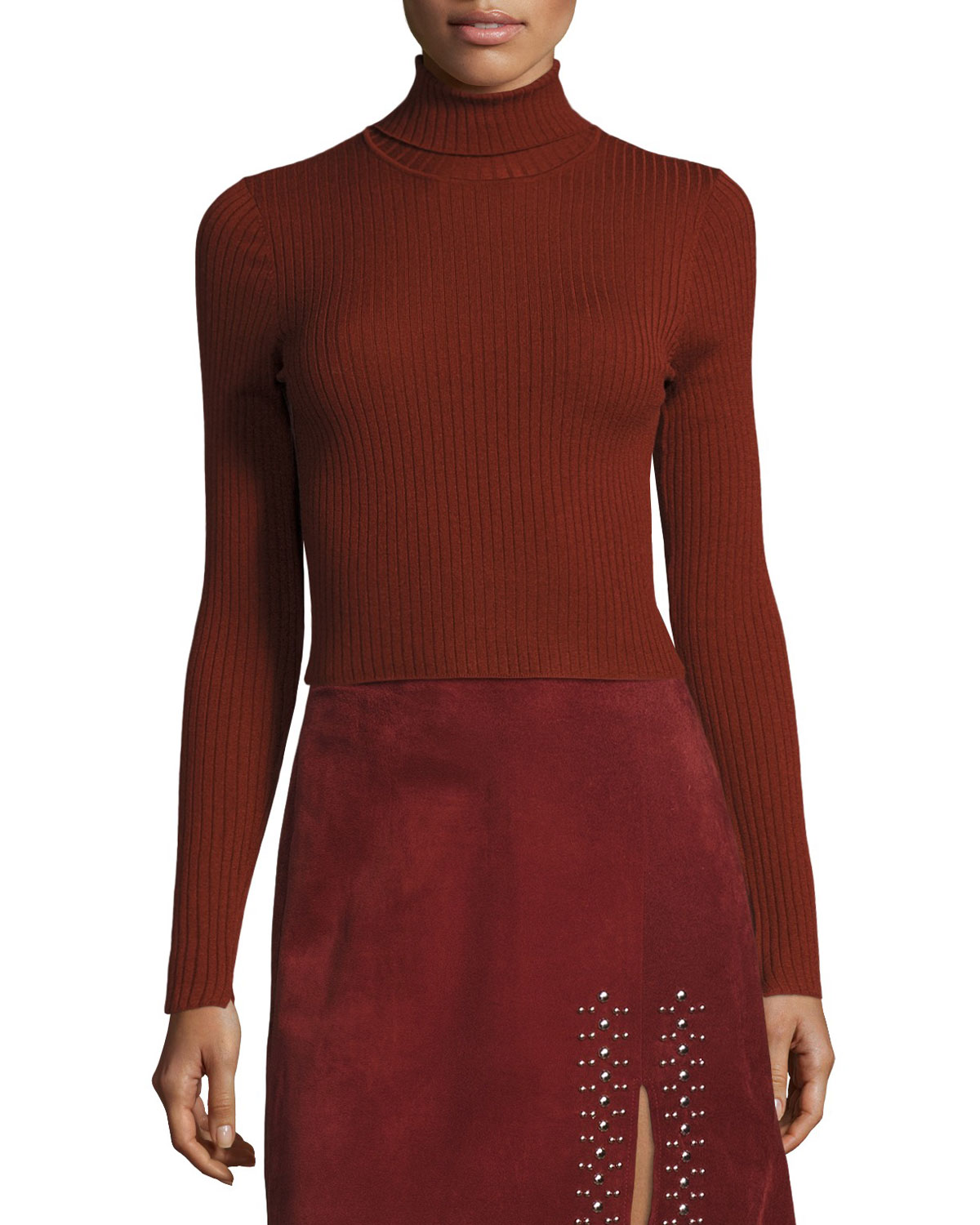 Elisa Cropped Ribbed Turtleneck Sweater, Copper