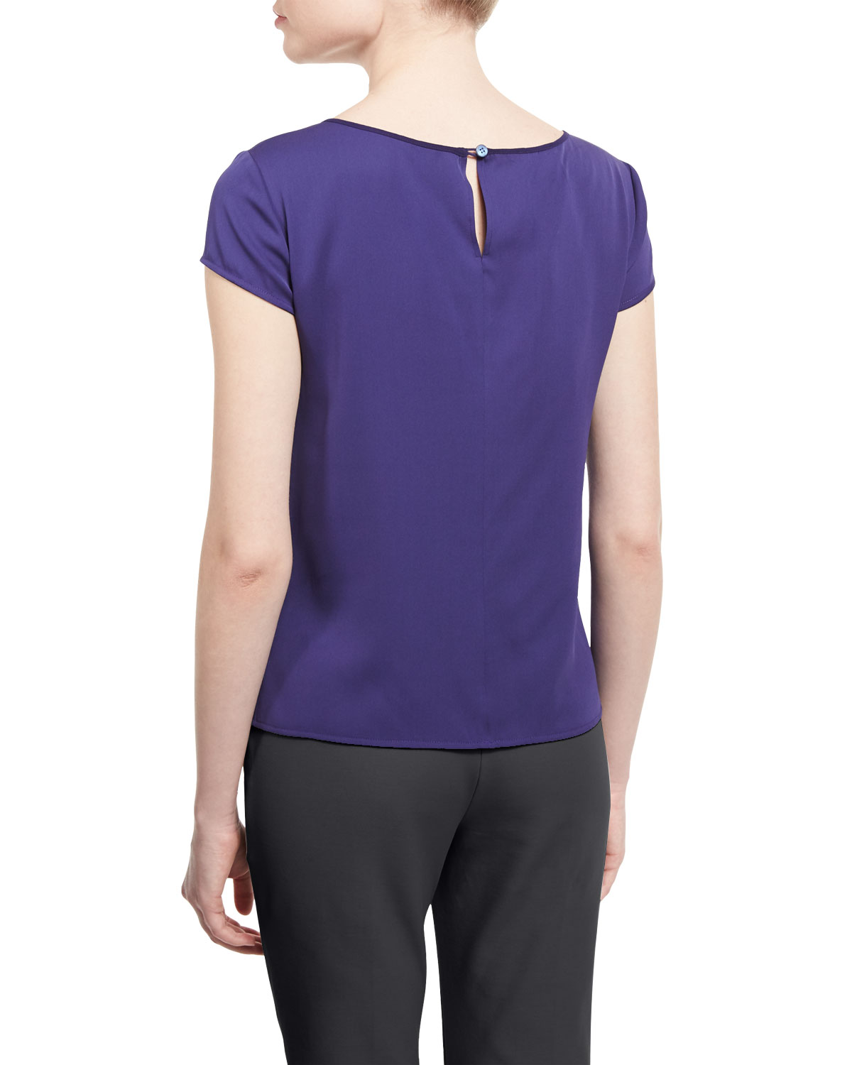 Cap-Sleeve Round-Neck Silk Blouse, Imperial Purple